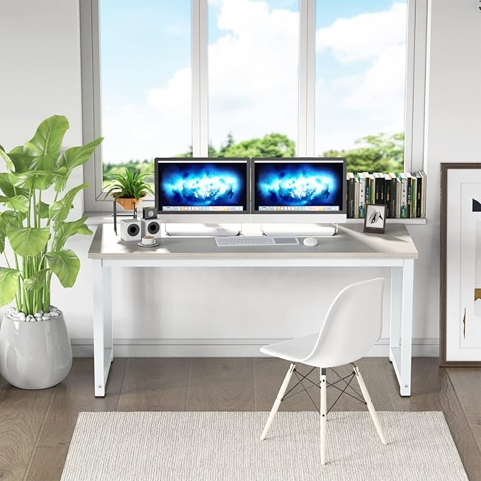 NSdirect Large Office Desk for Home Office, Large 63" Computer Desk Table, Wide Writing Study Desk for 2 Person, Metal Sturdy Frame Thicker Steel Legs, (White Oak, 63"L x 23.6"W x 29.5"H) - LeafyLoom