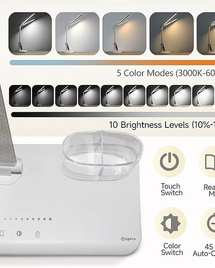 LED Desk Lamp for Home Office - Dual Swing Arm Desk Light with USB Charging Port,Eye-Caring Foldable 5 Color Modes 10 Brightness Levels Dimmable Desk Lamp for College Dorm Room (Silver) - LeafyLoom