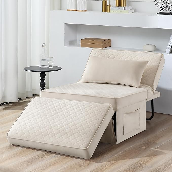 Sofa Bed, 4 in 1 Multi-Function Folding Ottoman Breathable Velvet Couch Bed with Adjustable Backrest Modern Convertible Chair for Living Room Apartment Office,Squared-White - LeafyLoom