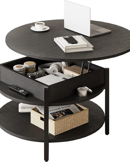 FABATO Round Lift Top Coffee Table for Living Room, 35.43'' Round Coffee Table with Storage and Hidden Compartment, 2 Tier Large Farmhouse Coffee Table Round Dining Table, Black - LeafyLoom