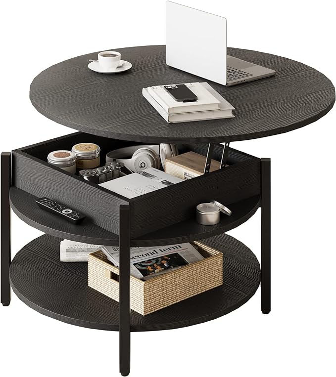 FABATO Round Lift Top Coffee Table for Living Room, 35.43'' Round Coffee Table with Storage and Hidden Compartment, 2 Tier Large Farmhouse Coffee Table Round Dining Table, Black - LeafyLoom