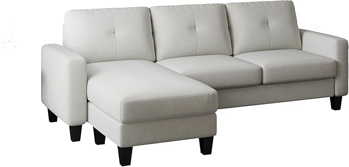 L Shaped Convertible Sectional Sofa, 3 Seater Linen Fabric Corner Couch with Reversible Chaise Movable Ottoman, Button Tufted Sofa&Couches for Small Apartments, Living Rooms and Offices - LeafyLoom
