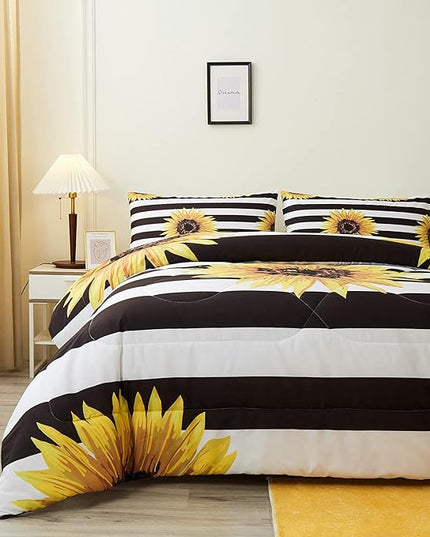 Sunflower Comforter Sets,Beautiful Vintage Bright Floral Pattern,Decorative Bedding Comforter Sets with 2 Pillow Shams, Queen Size - LeafyLoom