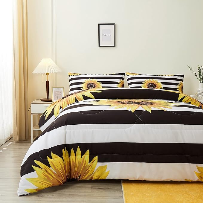Sunflower Comforter Sets,Beautiful Vintage Bright Floral Pattern,Decorative Bedding Comforter Sets with 2 Pillow Shams, Queen Size - LeafyLoom