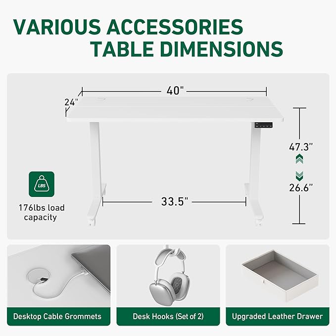 FEZIBO 40 x 24 Inches Standing Desk with Drawer, Adjustable Height Electric Stand up Desk with Storage, Sit Stand Home Office Desk, Ergonomic Computer Desk, White - LeafyLoom