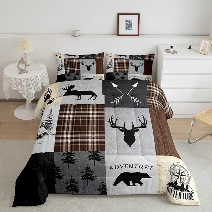 Deer Antler Comforter Set Queen Size,Bear Paw Pine Trees Rustic Farmhouse Bedding Set for Boys Girls Adults Room Decor,Geometric Plaids Arrows Down Comforter,Brown Retro Duvet Insert,2 Pillowcases - LeafyLoom