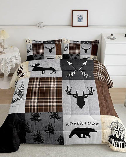 Deer Antler Comforter Set Full Size,Bear Paw Pine Trees Rustic Farmhouse Bedding Set for Boys Girls Adults Room Decor,Geometric Plaids Arrows Down Comforter,Brown Retro Duvet Insert,2 Pillowcases - LeafyLoom