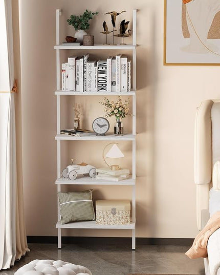 aboxoo Ladder Shelf White Wooden Bookshelf 5-Tier Wall-Mounted Open Wood Rack Industrial Modern Plant Flower Stand Utility Organizer Bookcase Metal Frame Furniture Office Kitchen Bedroom - LeafyLoom