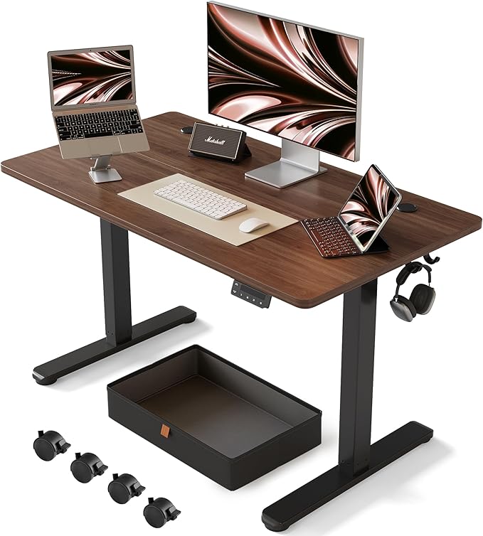 FEZIBO Standing Desk with Drawer, 40 x 24 Inches Adjustable Height Electric Stand up Desk with Storage, Sit Stand Home Office Desk, Black Walnut - LeafyLoom