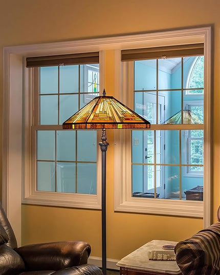 Capulina Tiffany Floor Lamp 2-Light 16X16X63 Inches Amber Brown Mission Antique Style Stained Glass Standing Reading Light for Living Room Bedroom Home Office - LeafyLoom