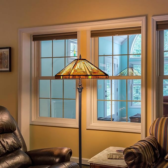 Capulina Tiffany Floor Lamp 2-Light 16X16X63 Inches Amber Brown Mission Antique Style Stained Glass Standing Reading Light for Living Room Bedroom Home Office - LeafyLoom
