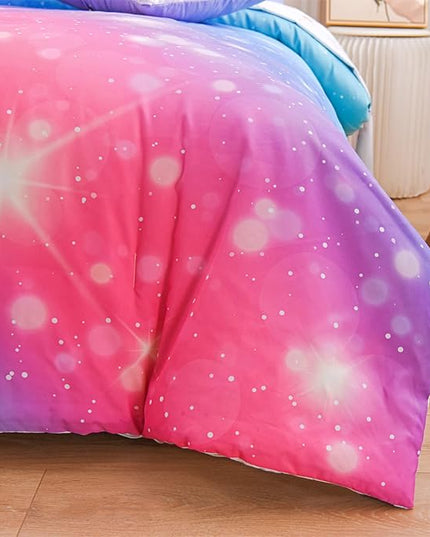 A Nice Night 6Pcs Gradient Glitter Bedding Set for Girls, Colorful Rainbow Galaxy Comforter Set, Ultra Soft Bedding Sets (Pink-Blue,Full 6Pcs) - LeafyLoom