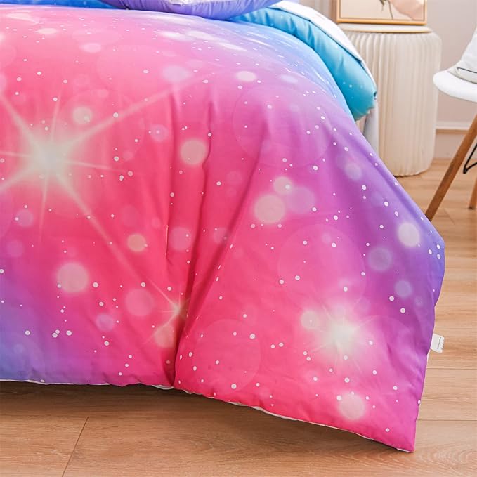 A Nice Night 6Pcs Gradient Glitter Bedding Set for Girls, Colorful Rainbow Galaxy Comforter Set, Ultra Soft Bedding Sets (Pink-Blue,Full 6Pcs) - LeafyLoom