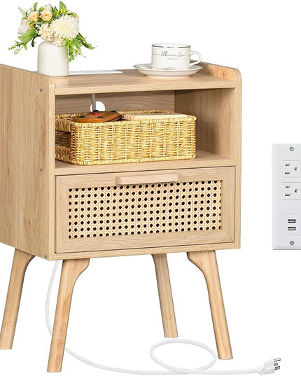 Lerliuo Rattan Nightstand with Charging Station, Boho Side Table with Drawer Open Shelf, Cane Accent Bedside End Table with Solid Wood Legs for Bedroom, Dorm and Small Spaces - LeafyLoom