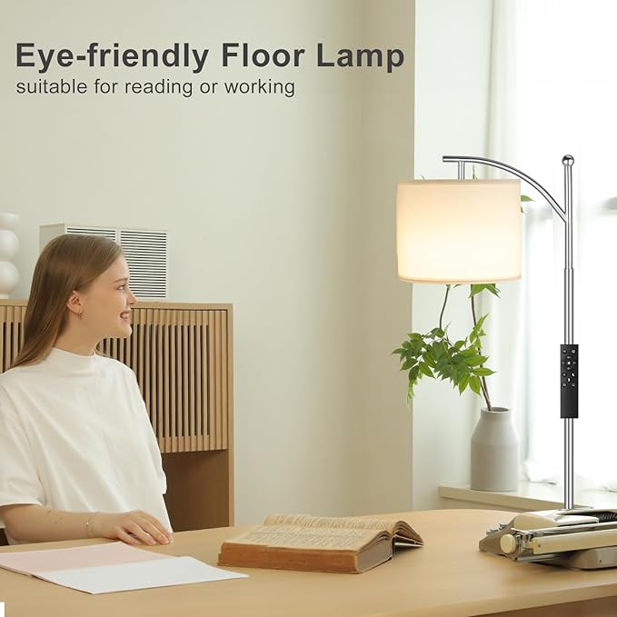 Ambimall Floor Lamp with Remote Control and Stepless Dimmable Bulb, Colors Temperature & Brightness Adjustable, Modern Floor Lamps for Living Room（White Shade & Silver Pole） - LeafyLoom