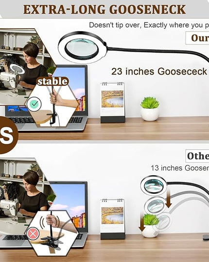 VEEMAGNI 10X Magnifying Glass with Light and Clamp, 23" Gooseneck 5 Color Modes Stepless Dimmable LED Desk Lamp, Real Glass Table Lighted Magnifier Hands Free for Craft Painting Sewing Close Work - LeafyLoom