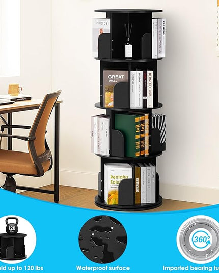 4 Tier Rotating Bookshelf kids, Small Corner Bookshelf for Small Space, 360 Display Floor Standing Bookcase Storage Rack, Wood Narrow Book Shelf Organizer for Home Office,Bedroom, Living Room - LeafyLoom