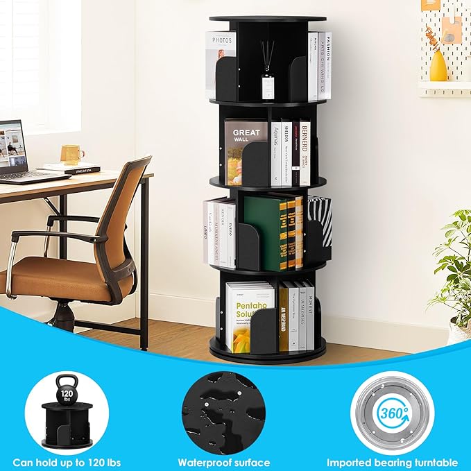 4 Tier Rotating Bookshelf kids, Small Corner Bookshelf for Small Space, 360 Display Floor Standing Bookcase Storage Rack, Wood Narrow Book Shelf Organizer for Home Office,Bedroom, Living Room - LeafyLoom
