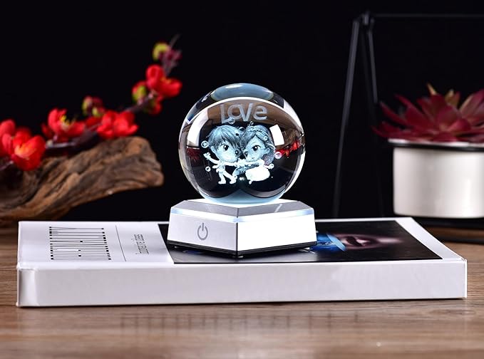 3D Crystal Ball Lovers Model, with Led Lamp Stand, 3.15'' Sweet Couple Glass Ball Decor, Engraved Crystal Sphere with Gift Box, 6 Color Light, Romantic Gifts for Kids Friends Birthday - LeafyLoom