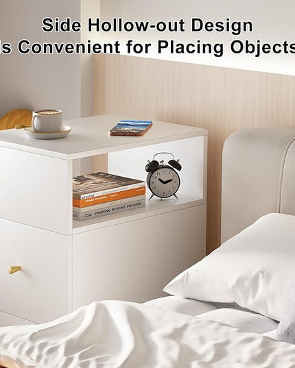 White Nightstand with Two Drawers,Chest of Drawers for Bedroom with Side Opening Storage Rack,3 Tiers Modern Night Table for Bedroom Storage Furniture (Right Angle) - LeafyLoom