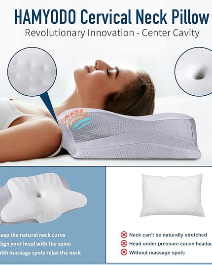 Cervical Neck Pillow Memory Foam Pillows Cooling Pillow for Neck Pain Relief, Ergonomic Orthopedic Neck Support Contour Bed Pillow for Side Back Stomach Sleepers with Washable Ice Silk Pillowcase - LeafyLoom