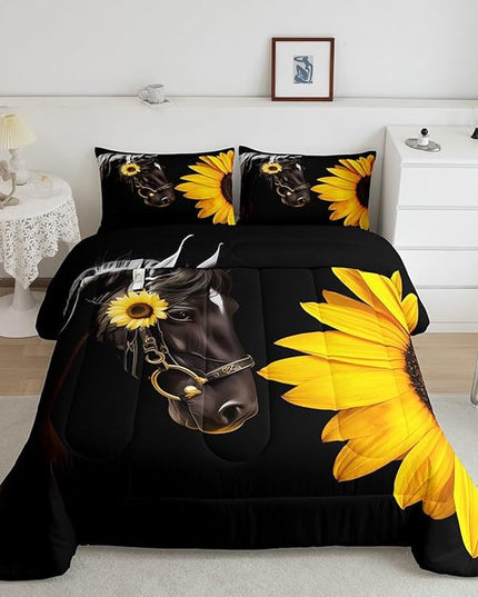 Erosebridal Horse Comforter Set King,Sunflower Horse Bedding Set for Boys Girls Teens Adults,Western Cowboy Farmhouse Down Comforter Farm Animal Quilt Duvet Sets Bedroom Decor 2 Pillow Cases Black - LeafyLoom