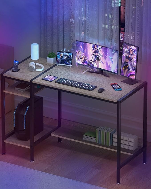Computer Desk - 47” Gaming Desk, Home Office Desk with Storage, Small Desk with Monitor Stand, Writing Desk for 2 Monitors, Adjustable Storage Space, Modern Design Corner Table - LeafyLoom