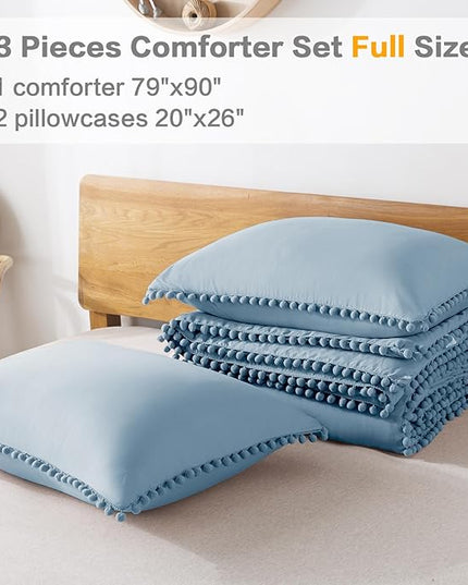 Litanika Comforter Full Size Set Grey Blue,3 Pieces Grey Blue Boho Pom Pom Lightweight Bed Comforter Full,All Season Soft Solid Color Bedding Comforter Sets (1 Comforter 79x90 Inch, 2 Pillowcases) - LeafyLoom