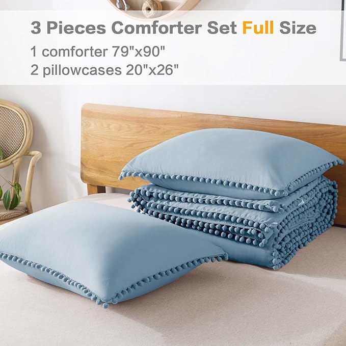 Litanika Comforter Full Size Set Grey Blue,3 Pieces Grey Blue Boho Pom Pom Lightweight Bed Comforter Full,All Season Soft Solid Color Bedding Comforter Sets (1 Comforter 79x90 Inch, 2 Pillowcases) - LeafyLoom