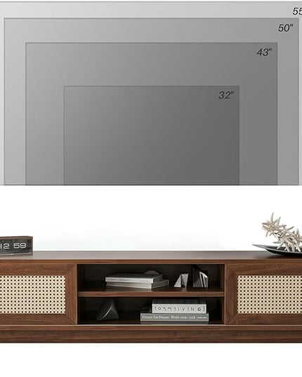 STARY 65''Mid Century Modern TV Stand,Boho Media Console Entertainment Center with Cable Management for Living Room, Walnut - LeafyLoom