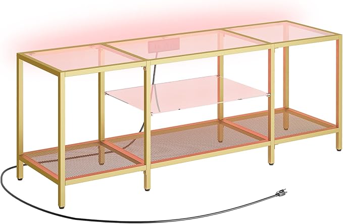 HOOBRO TV Stand with LED Lights and Power Outlets for TVs up to 65", Modern 55 Inch Tempered Glass TV Console Table with Open Shelves, Media Entertainment Center for Living Room, Gold GD145UDS01 - LeafyLoom