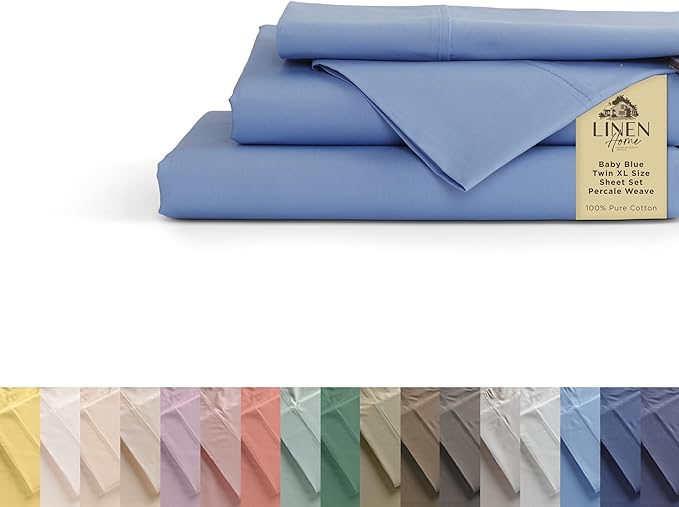 100% Cotton Percale Sheets Twin XL Size, Baby Blue, Deep Pocket, 4 Pieces Sheet Set - 1 Flat, 1 Deep Pocket Fitted Sheet and 2 Pillowcases, Crisp Cool and Strong Bed Linen - LeafyLoom