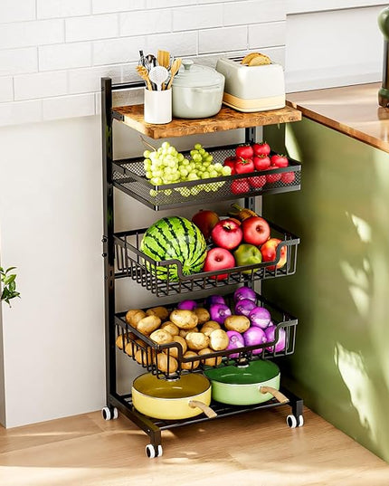HapiRm 5 Tier Fruit Basket Kitchen Storage Cart, Adjustable Fruit and Vegetable Basket, Wooden Top Table Fruit Rack, Snack Cart with Wheels, Metal Mesh and Wire Storage Basket for Onions and Potatoes - LeafyLoom