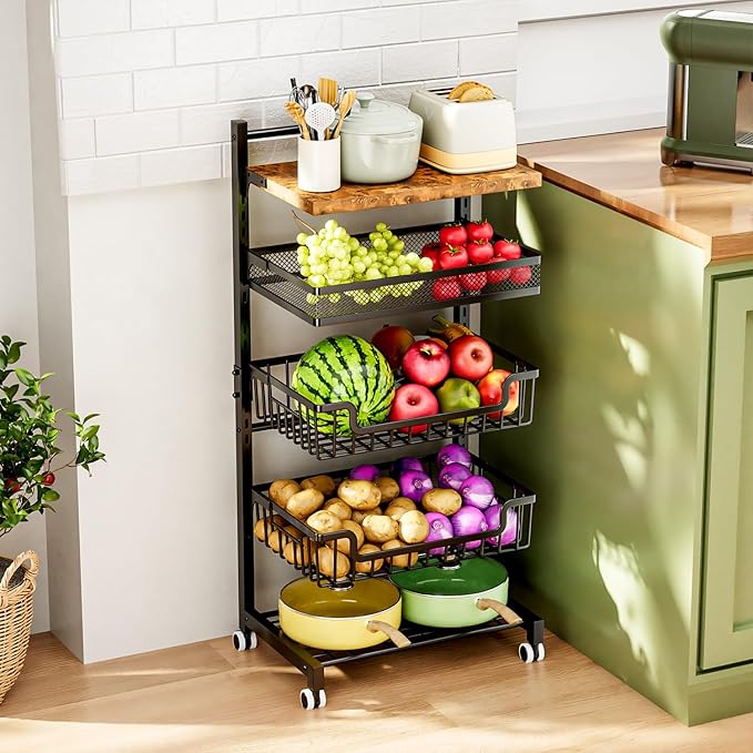 HapiRm 5 Tier Fruit Basket Kitchen Storage Cart, Adjustable Fruit and Vegetable Basket, Wooden Top Table Fruit Rack, Snack Cart with Wheels, Metal Mesh and Wire Storage Basket for Onions and Potatoes - LeafyLoom