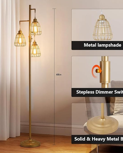 9MMML Golden Dimmable Floor Lamp,Industrial Farmhouse Tall Standing Floor Lamp for Living Room, Bedroom, Corner,Office,Gold 3 Teardrop Cage Lampshade,68”Height,3 LED Bulb Included - LeafyLoom
