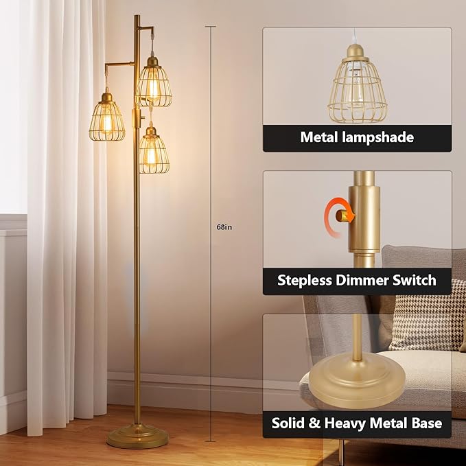 9MMML Golden Dimmable Floor Lamp,Industrial Farmhouse Tall Standing Floor Lamp for Living Room, Bedroom, Corner,Office,Gold 3 Teardrop Cage Lampshade,68”Height,3 LED Bulb Included - LeafyLoom