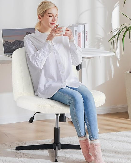 OLIXIS Cross Legged Armless Wide Adjustable Swivel Padded Home Office Desk Chair, Off White - LeafyLoom