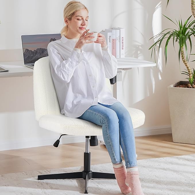 OLIXIS Cross Legged Armless Wide Adjustable Swivel Padded Home Office Desk Chair, Off White - LeafyLoom