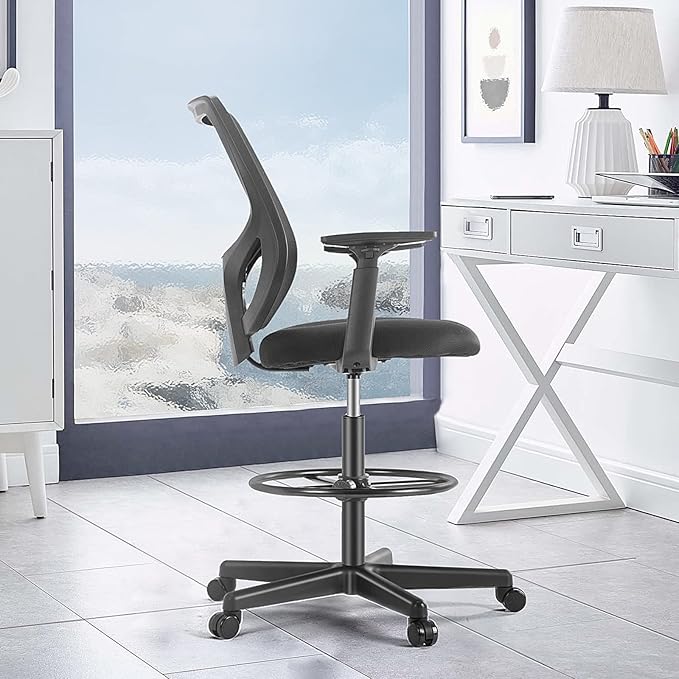 B0B744NKYL– Tall Drafting Chair - Tall Standing Office Desk Chair with Adjustable Foot Ring, Chair with Ergonomic Lumbar Support, Adjustable Height, Breathable Mesh color: DarkBlack - LeafyLoom