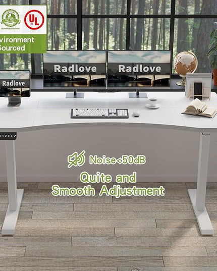 Radlove Dual Motors Height Adjustable 63 x 30'' Electric Standing Desk with Curved Design Stand Up Table 4 Memory Keys, Computer Desk with Splice Board Home Office Desk, WhiteTop + White Frame - LeafyLoom