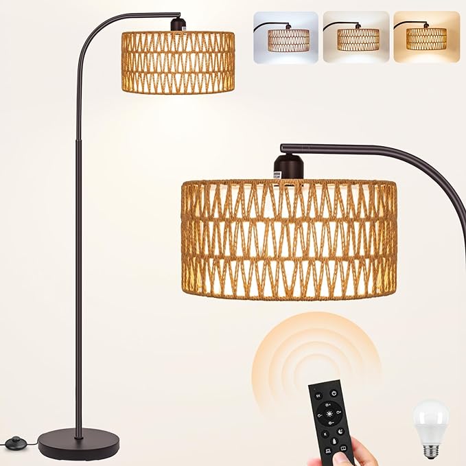 Boho Floor Lamp with Dimmable Bulb, Rattan &Linen Double Shades, Bronze Boho Standing Tall Lamps with Foot Switch, Bohemian Floor Lamps for Living Room, Bedroom, Office - LeafyLoom