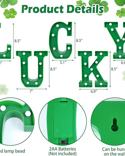Tifeson St Patricks Day Decorations, St Patricks Day Decor - 5 LED Marquee Light Up Letters “Lucky” with Green Lights for Home Table Mantle Irish Saint Patrick’s Party Decor (Batteries Not Included) - LeafyLoom