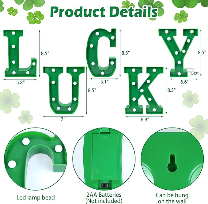 Tifeson St Patricks Day Decorations, St Patricks Day Decor - 5 LED Marquee Light Up Letters “Lucky” with Green Lights for Home Table Mantle Irish Saint Patrick’s Party Decor (Batteries Not Included) - LeafyLoom