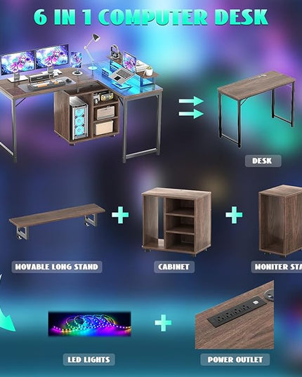 Cyclysio L Shaped Gaming Desk with Wood Cabinet, 58" Large Corner Desk with LED Lights & Power Outlet, Reversible Computer Desk with Monitor Stand, Home Office Desk 2 Person Corner Desk,Rustic Walnut - LeafyLoom