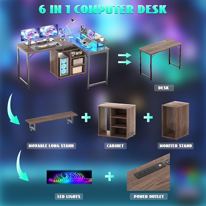 Cyclysio L Shaped Gaming Desk with Wood Cabinet, 58" Large Corner Desk with LED Lights & Power Outlet, Reversible Computer Desk with Monitor Stand, Home Office Desk 2 Person Corner Desk,Rustic Walnut - LeafyLoom