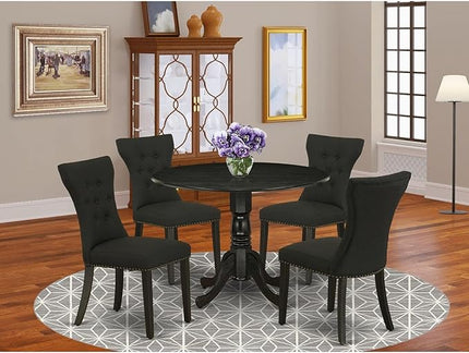 East West Furniture Dublin 5 Piece Kitchen Set Includes a Round Room Table with Dropleaf and 4 Black Linen Fabric Parsons Dining Chairs, 42x42 Inch, DLGA5-ABK-24 - LeafyLoom