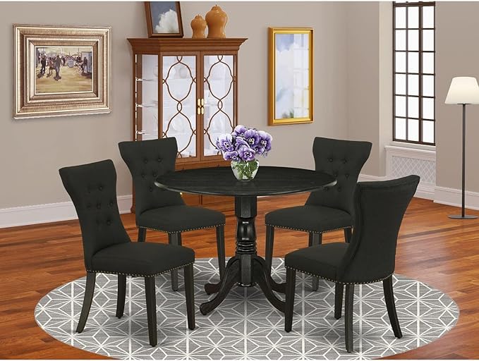 East West Furniture Dublin 5 Piece Kitchen Set Includes a Round Room Table with Dropleaf and 4 Black Linen Fabric Parsons Dining Chairs, 42x42 Inch, DLGA5-ABK-24 - LeafyLoom