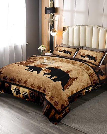 Bear Comforter Set Queen Size Farmhouse Wild Animal Comforter Retro Bear Family Bedding Set for Kids Boys Girls Brown Bear Paws Duvet Set Rustic Bedroom Decor Quilted Set 3Pcs - LeafyLoom