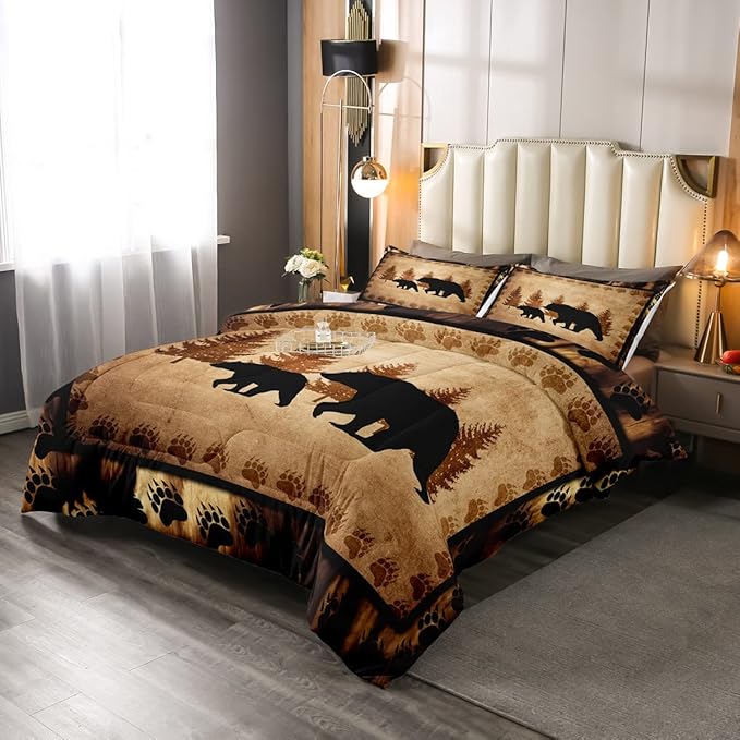 Bear Comforter Set Queen Size Farmhouse Wild Animal Comforter Retro Bear Family Bedding Set for Kids Boys Girls Brown Bear Paws Duvet Set Rustic Bedroom Decor Quilted Set 3Pcs - LeafyLoom