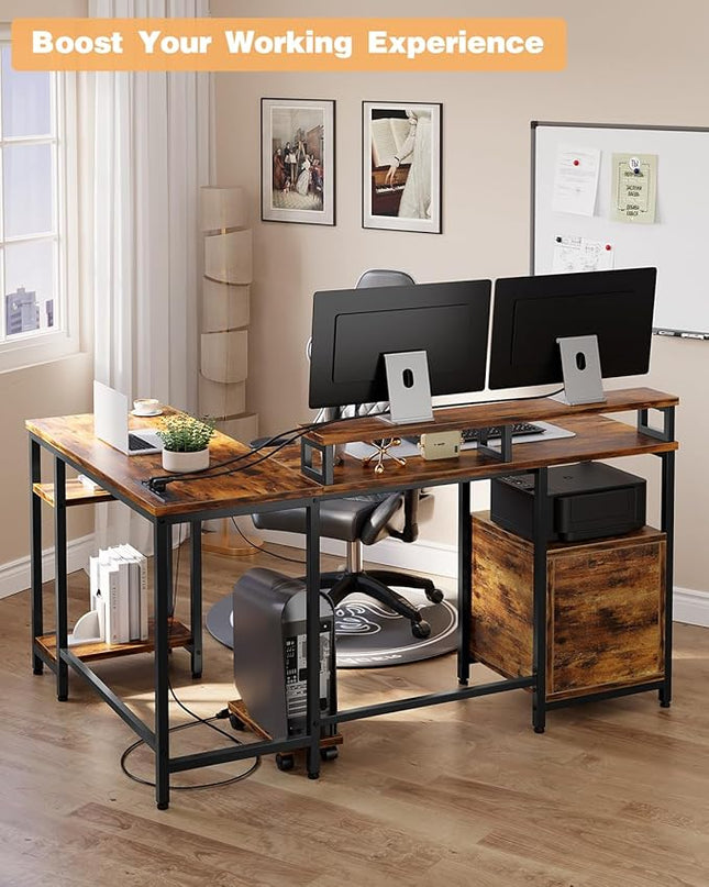 IDEALHOUSE 67" L Shaped Computer Desk with Drawers, Reversible Home Office Desk with Power Outlet, Adjustable Shelf and Mobile CPU Stand, Gaming Desk for Work, Home Office Corner Desk, Rustic Brown - LeafyLoom